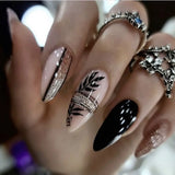 SHOPMOCHO 24Pcs Matte Almond Autumn Winter False Nails with Glue Glitter Butterfly Fake Nail Press Ons Black Gradient Artificial Nail Tips