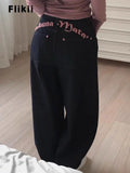 SHOPMOCHO Women's Sweet Casual Full Length Baggy Denim Trouser Retro Emo Harajuku Loose Jeans Letter Embroidery High Waist Y2K 2000s Pants