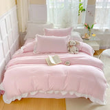Shopmocho Korean Princess Style Duvet Cover Set No Filling Pink Blue Soft Washed Cotton Girls Favorite Ruffles Bed Linen Pillowcases