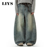 Shopmocho Men's Wear Blue Wide-Leg Denim Pants Baggy Jeans Vintage Three-Dimensional Cut Curved Knife Jeans Loose Fit Summer New Trend