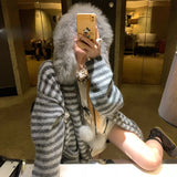 Shopmocho Harajuku Long Sleeve Hooded Cardigan Knit Women Casual Sweet Striped Sweater Pure Color Faux Fur Collar Streetwear 2025 Autumn