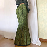 SHOPMOCHO Vintage Fashion Elegant Green Trumpet Long Skirt Graphic Printed Lace Trim Y2K High Waist Skirt Women 2000s Aesthetic