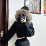 SHOPMOCHO Black Fur Collar Zipper Sweatshirt Simple Fashion Furry Collar Zipper Hooded Sweatshirt Vintage Y2k Zipper Hooded Sweatshirt