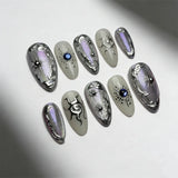 SHOPMOCHO 24pcs Golden Lines Patterns False Nails Dark Purple Blush French Fake Nails for Spice Girls Sweet Cool Almond Ins Nails Press On