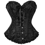 SHOPMOCHO Gothic Jacquard Corset Top Ruffle Neck Front Steel Busk Boned Women Vintage Halloween Cosplay Costume 28 Colors
