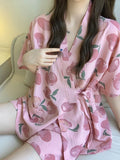 SHOPMOCHO Womens Nightwear Loungewear Kimono Pajamas Student Short Sleeves Shorts Peach Print Tops and Pants Set Sleepwear Comfortable
