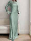 Shopmocho Women's Bespoke Satin Maxi Dress with Corset Waist Tie Classic Round Neck & Dramatic Flared Sleeves Luxury Evening Dress