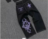 SHOPMOCHO American Vintage Y2K Rhinestone Wing Embroidered Jeans Womens Blue Low Rise Flared Denim Pants with Studded Pockets Streetwear