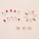 Shopmocho Short Round Head Fake Nails Sweet Strawberry Cherry Flower Bowknot Printed 24Pcs Summer Press On Nails for Girls DIY Manicure