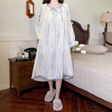 SHOPMOCHO Women Pajamas Dress Princess Style Sweet Long Sleeve Nightdress Round Neck Wide Striped Bow Cute Girly Midi Dress Night Wear