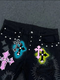 SHOPMOCHO Fashion Retro Streetwear Y2K Men Jeans Popular Patch Gothic Punk Style Shorts Embroidered Willow Nail Design Loose Casual Jeans