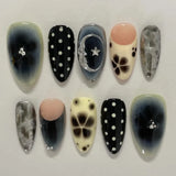 SHOPMOCHO 24pcs Smudging Flower Press On Nails Wave Point Designs French Style Almond False Nails Y2k Sweet Cool Fake Nail For Spicy Girls