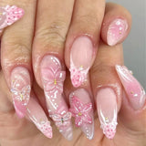 Shopmocho Pink Yellow Halo Dyeing Flower Water Ripple Summer False Nails Leopard Long Pointed Fake Nails Art Press on Nails Charm Manicure