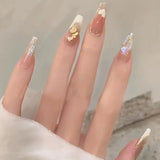 Shopmocho 24Pcs Glitter Diamond Press On Nails Sweet Cute Girl Acrylic Nails Full Cover Short Square Fake Nails Wearable Manicure Nail Tip
