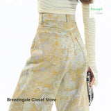 SHOPMOCHO Retro fashion yellow tie-dye printed dopamine jeans female summer new temperament high waist design loose Joker wide-leg pants.