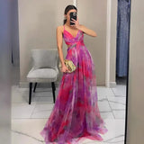 SHOPMOCHO-Elegant Print Pleated Mesh Evening Dress Sexy Off Shoulder Ins Vacation Long Dress Summer V Neck High Waist Backless Sling Dress