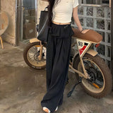 SHOPMOCHO -Streetwear Black Wide Leg Pants Women Y2K Fashion Ruffles Patchwork Baggy Pants Summer Harajuku Korean Casual Straight Trousers