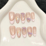 SHOPMOCHO 10pcs Handmade Press on Nails French Cat Eye Pink Bow Decor Korean False Nails Wearable Full Cover Ins Almond False Nail Tips