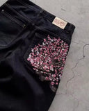 SHOPMOCHO Y2K Vintage Low Waist Hip Hop Cherry Blossom Embroidered Jeans  Wide Leg Trousers Clothes Mens Embroidered Baggy Jeans Womes