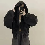 SHOPMOCHO Women's Short Denim Jacket Loose Long Sleeved Casual Fashion Fall  Retro Zipper Design Hoodie Outerwear Versatile Outwear