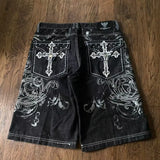 SHOPMOCHO Y2K Baggy Denim Jorts White Tribal Embroidery Wide Leg Jean Shorts Gothic Hip Hop Streetwear
