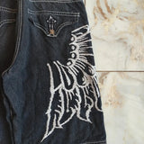 SHOPMOCHO Y2K Baggy Denim Jorts White Tribal Embroidery Wide Leg Jean Shorts Gothic Hip Hop Streetwear