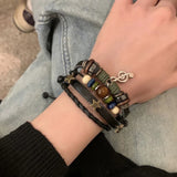 Shopmocho Handmade Hippie Design Brown Leather Bracelet Women Metal Star Note Charms Wood Button Beads Wrap Unisex Adjustable Bracelet