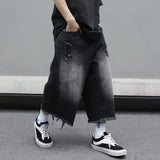 SHOPMOCHO Men's Loose Ripped Denim Jeans 7 Point Calf Length Wide Leg Trousers Distressed Holes Frayed Hem Streetwear Casual Pants