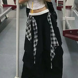 SHOPMOCHO Y2K American Black Retro Hip-Hop Spliced Plaid Belt Hot Girl Loose Casual High Waist Women Wide-Leg Quick-Drying Sweatpants