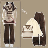 Shopmocho Preppy Style Spring Autumn Women Knit Vest Bandage Shirts Wide Leg Pants Three Piece Set Lady Patchwork Tank Sweater Jeans Suits