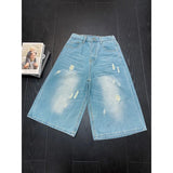 SHOPMOCHO Mens Shorts Denim Shorts American High Street Loose Straight Leg Distressed Seven Tenths Casual Summer Wear