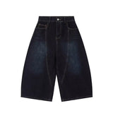 SHOPMOCHO Men's Women's 2026 Summer American Retro Embroidered Curved Denim Shorts Loose Wide Leg Capri Pants Streetwear Jeans