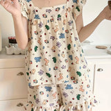 SHOPMOCHO Allover Cartoon Print Lounge Set Ladies Summer Cute Ruffle Sleeve Square Neck Top & Shorts Kawaii Women's Loungewear Summer