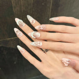 Shopmocho 10pcs Handmade Press on Nails French Cat Eye Pink Bow Decor Korean False Nails Wearable Full Cover Ins Almond False Nail Tips
