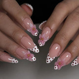 SHOPMOCHO 24PCS Simple Ins Dark Pink Blush 3D Flower Almond False Nails with Glue Leopard Print French Spice Girls Fake Nail Tips Press On