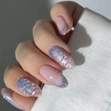 Shopmocho Fish Scale Glitter Powder Long Pointed Fake Nail Shell Pearl Cat Eye Starfish Summer Ripple False Nails Art Charm Press on Nails