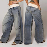SHOPMOCHO Y2K American Retro Spliced washed High Waist Jeans for Women Simple Versatile Wide-leg Jean Hip-hop Harajuku Baggy Women Jeans