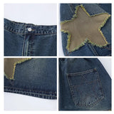Shopmocho Fashion Star Patch Denim Shorts BF Style Loose Versatile Wide Leg Half Pants Women's Summer High Waisted Straight Leg Pants