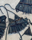 Shopmocho Retro Street Fashion Washed Denim Two-Piece Skirt Set Women Hip Hop Harajuku Goth Halves Neck Top Mini Pleated Skirt Trendy Set