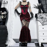 Shopmocho Goth Dark Ruched Vintage Gothic Aesthetic Velvet Skirts Grunge Mesh Splice Sexy Mermaid Skirt Women High Waist Elegant Partywear