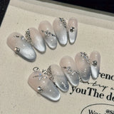 SHOPMOCHO 10pcs high-end Light luxury silver cat-eye French diamonds handmade fake nails, Almond nail girly nail decoration patch