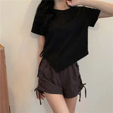 SHOPMOCHO Slit Bandage V Neck Sexy Crop Top Women Korean Casual Summer New Short Sleeve T-shirt Y2K Streetwear Trendy Top for Women