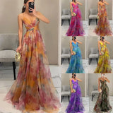 SHOPMOCHO-Elegant Print Pleated Mesh Evening Dress Sexy Off Shoulder Ins Vacation Long Dress Summer V Neck High Waist Backless Sling Dress
