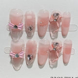 SHOPMOCHO 10pcs Purple Cat's Eye Handmade Fake Nails Tips Glitter Mid-length Oval Press on Nails Art Bow Rhinestone Design False Nail Sets