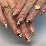 SHOPMOCHO 24pcs Golden Lines Patterns False Nails Dark Purple Blush French Fake Nails for Spice Girls Sweet Cool Almond Ins Nails Press On