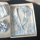 SHOPMOCHO 2026 New Ice Silk 2 Pieces Pajamas for Women Autumn Spring Women's Pajamas Set Elegant Ptinting Flower Home Wear Soft Sleepwear