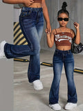 SHOPMOCHO Girls' School-Style Fashion Wide-Leg Jeans, Elastic Waist and Comfortable Fabric, Suitable for All Seasons to Wear.