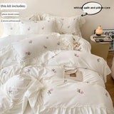 SHOPMOCHO 3pcs Rose Embroidered Duvet Cover Set (1*Duvet Cover + 2*Pillowcase, Without Core), Princess Style Lace Bedding Set