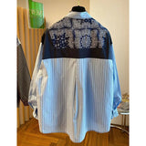 Shopmocho Korean Spring Summer New 2025 Print Spliced Striped Long-Sleeved Shirt Women's Loose Casual  All-match Lapel Blouse Lady Tops