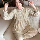 SHOPMOCHO Ladies Pajamas Garden Style Student Casual Long Sleeve Pants Two-Piece Bow Set Nightwear Women Four Season Academic Atmosphere